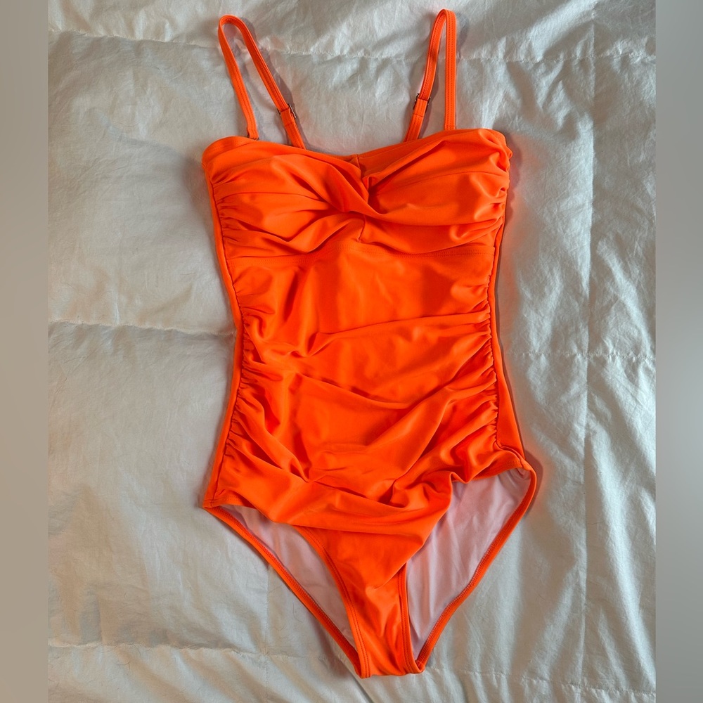 Smismivo Strapless One Piece Swimsuit - Ruched Bandeau Tube Top - Orange - Small